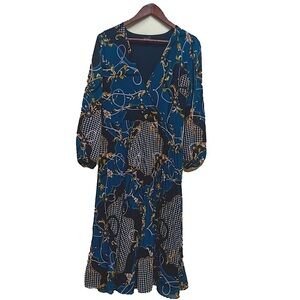 Ann Taylor Mixed Print Midi Dress Size 6 Long Sleeve V-Neck Jewel Tone Office